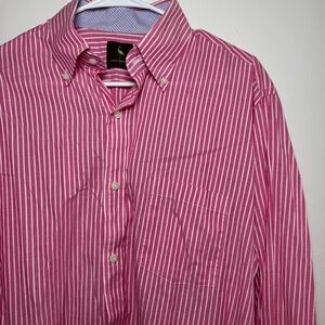 TailorByrd Men’s Button-Down Shirt L Pink‎ White Stripe Flamingo Logo